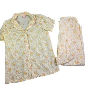 Vintage 70s Sears Floral Pajama Set Women 34 Sm Short Sleeve Button Top Bottoms